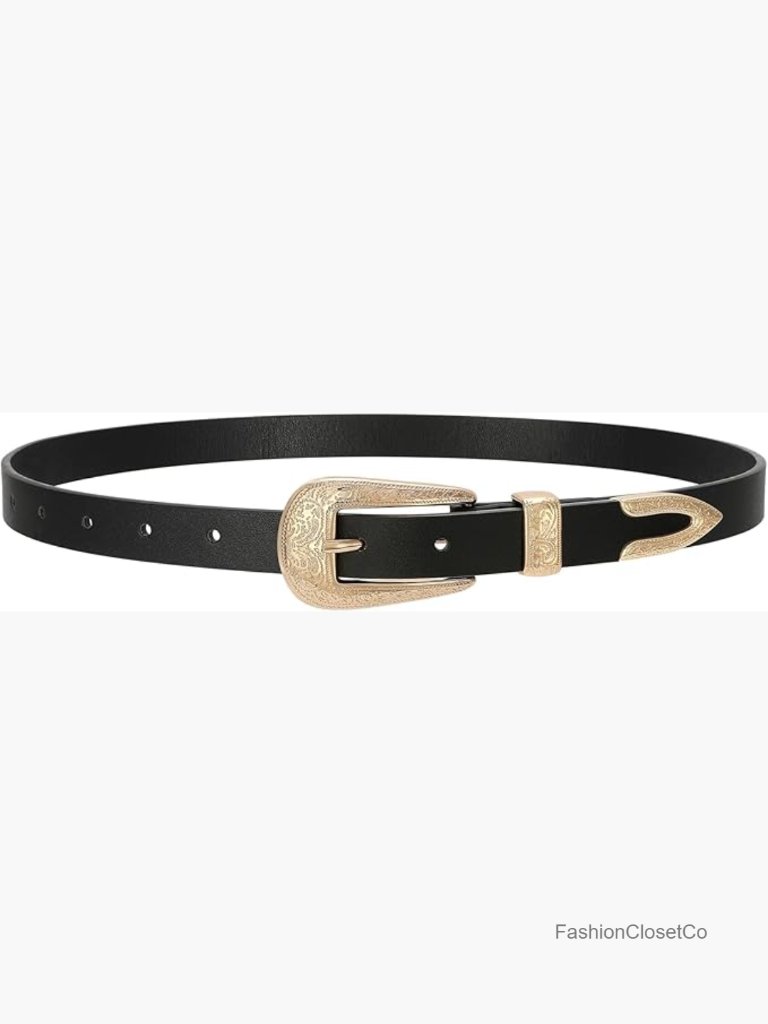 Western Skinny Leather Belt With Carved Buckle For Women 0.8"